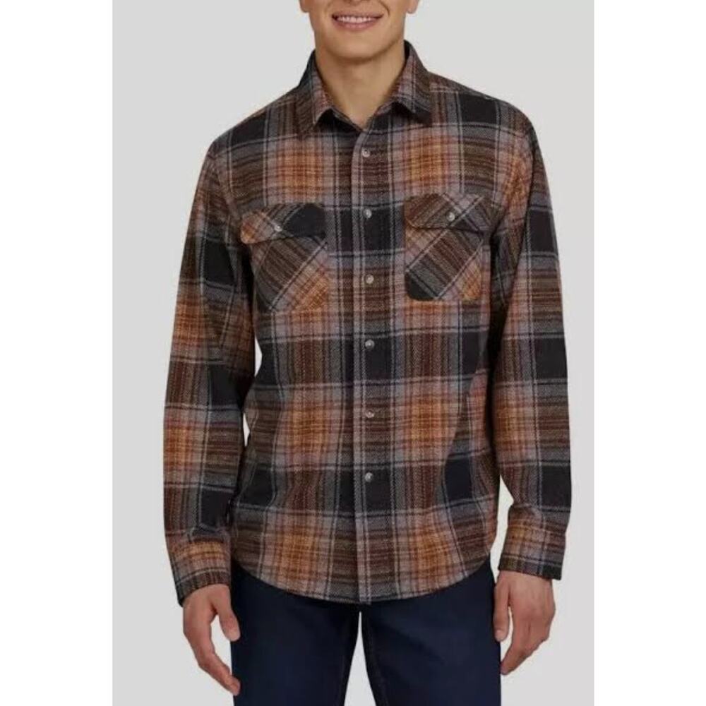 Chaps Men’s Soft Knit Plaid Flannel Shirt Brown Orange Button Front Small